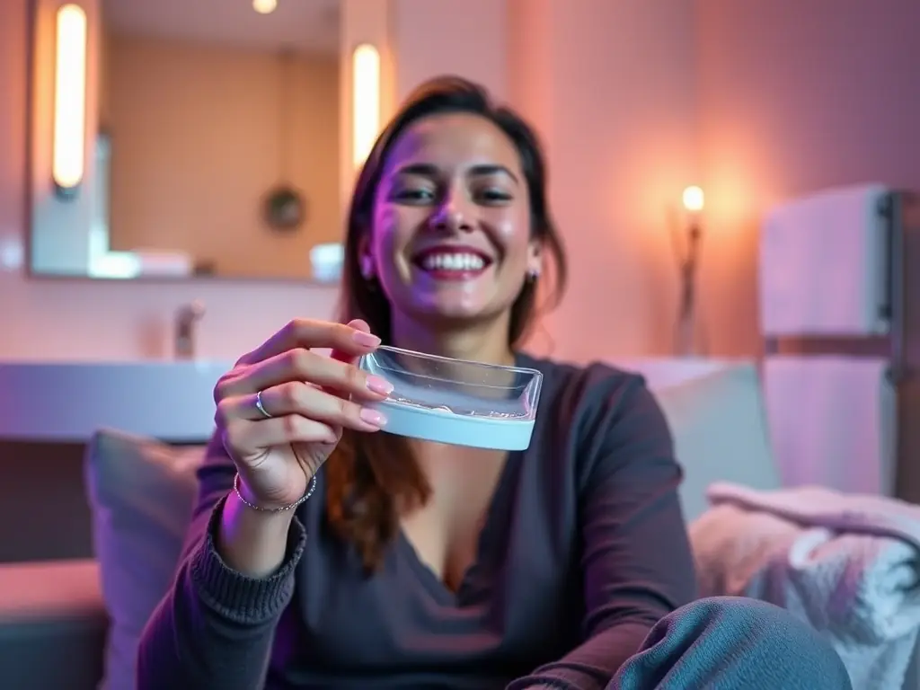 A person using a teeth whitening kit at home, with custom-fitted trays and whitening gel. The setting is a comfortable and relaxed home environment, such as a bathroom or living room.