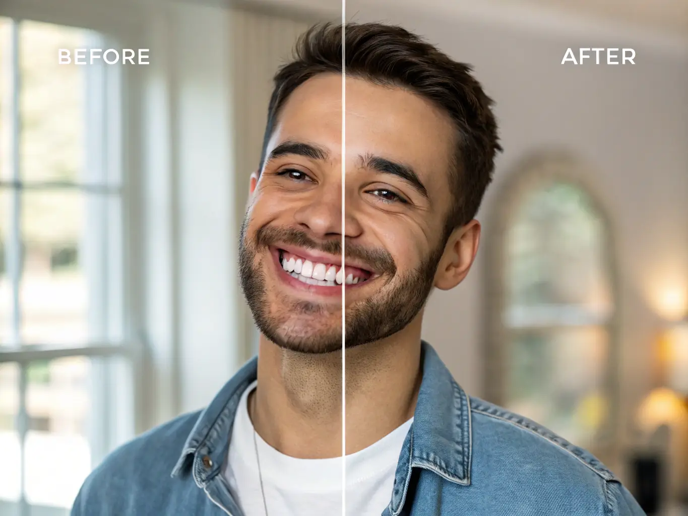 A before-and-after image showcasing the results of a teeth whitening treatment. The 'before' image shows teeth with noticeable staining, while the 'after' image shows a significantly brighter and whiter smile.
