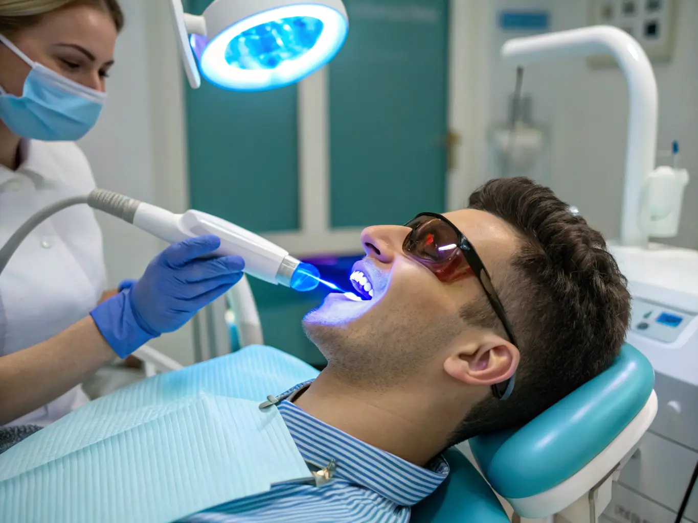 A dentist applying whitening gel to a patient's teeth in a modern, well-lit dental clinic. The patient is relaxed and comfortable, with a bib in place. The dentist is wearing gloves and a mask, ensuring a sterile environment.